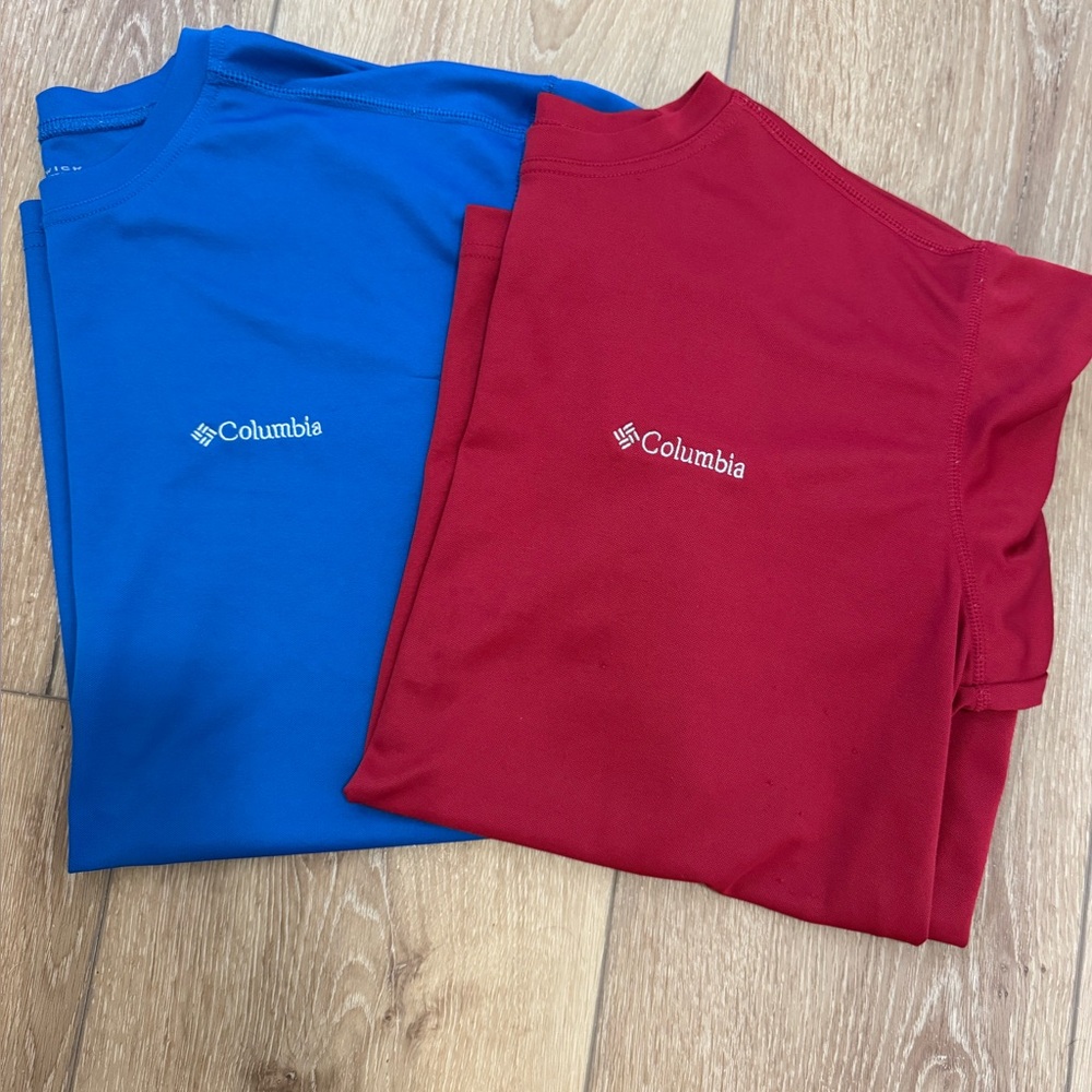 Columbia Blue and Red Omni wick short sleeve shirts